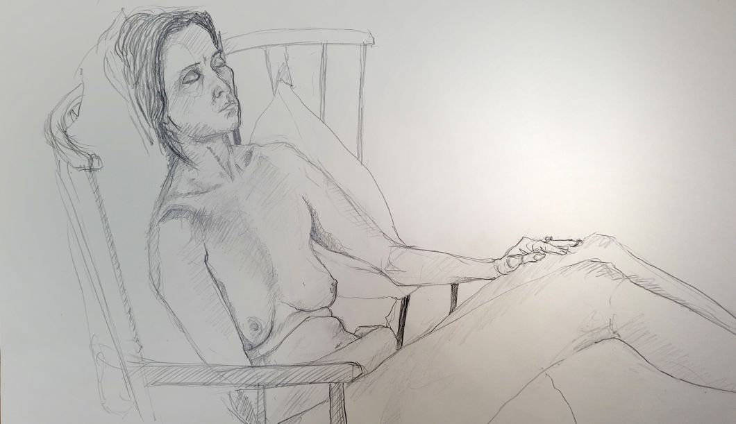 a female-presenting figure drawn side-on seated