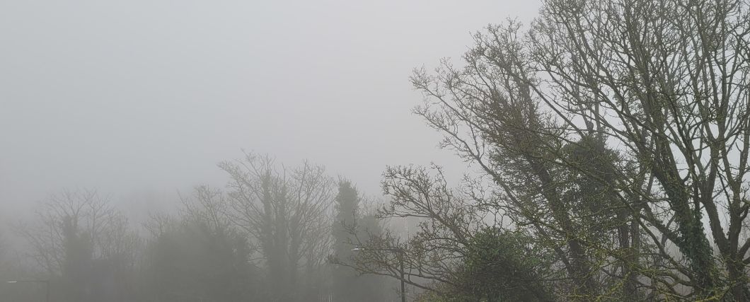 A view of Hastings West Hill on an early morning in March, as the morning sea mist completely obscures the entire hill with greyness