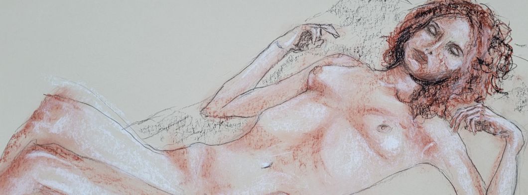 A drawing of a female-presenting figure lying on their back, drawn in Sanguine pencil & Conté crayons