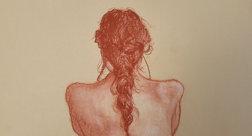 drawing of a woman’s head and shoulders viewed from the back