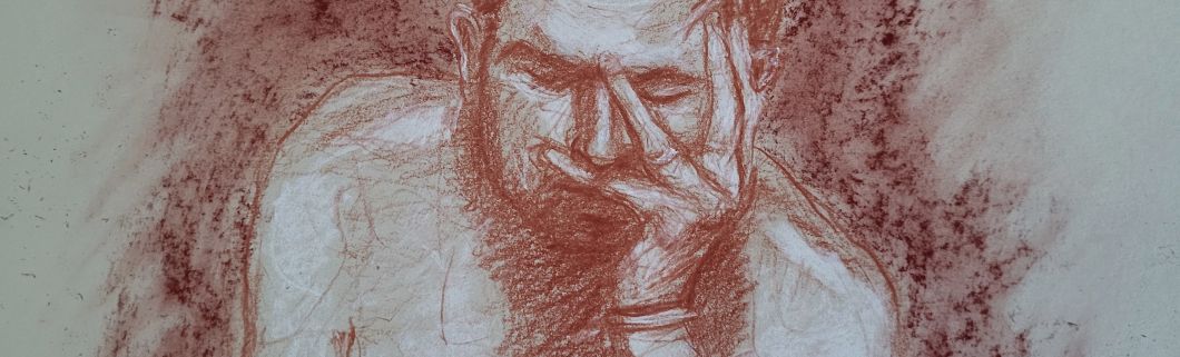 A detail of a life-drawing of a man resting his head on one hand